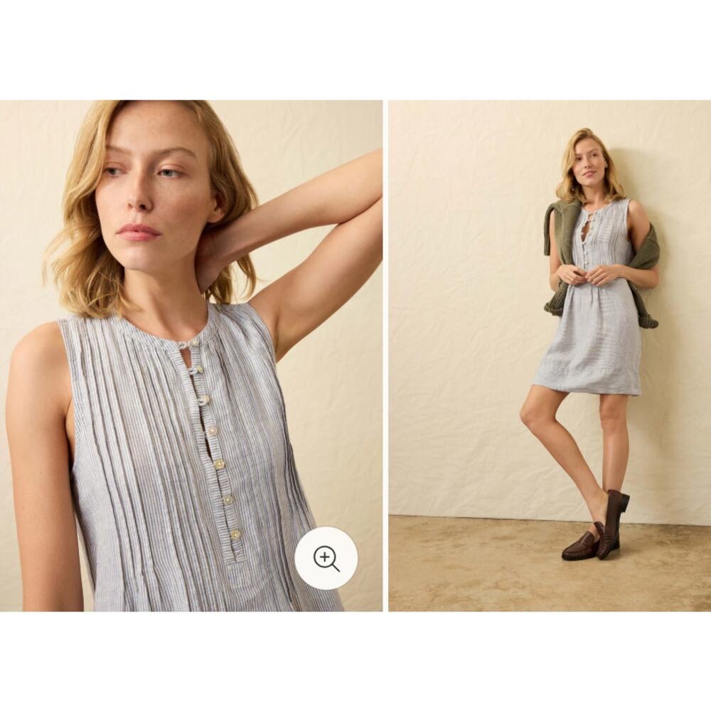 Faherty Isha Dress Womens M Blue Stripe Organic Cotton Sleeveless Summer Minimal